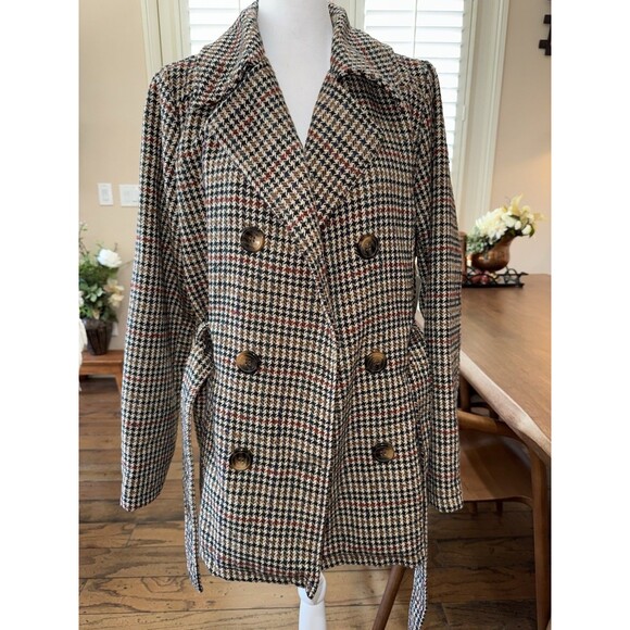 Riley & James Houndstooth Plaid Double Breasted Belted Coat Jacket Tan XL - Picture 3 of 11